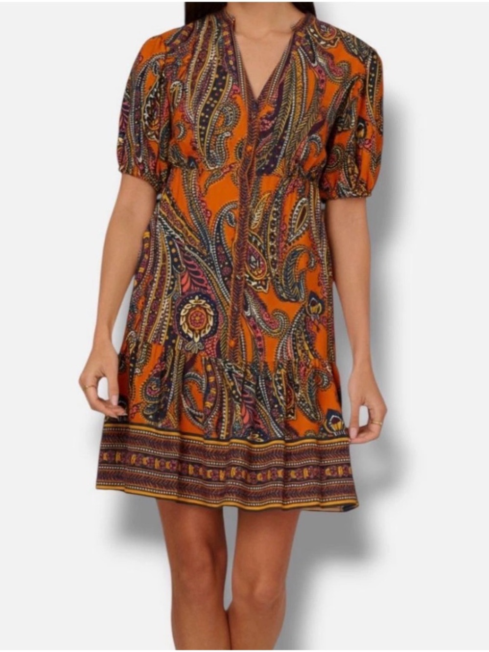 Adrianna Papell Women's Orange Paisley Print Puff-Sleeve A-Line Dress Size 4